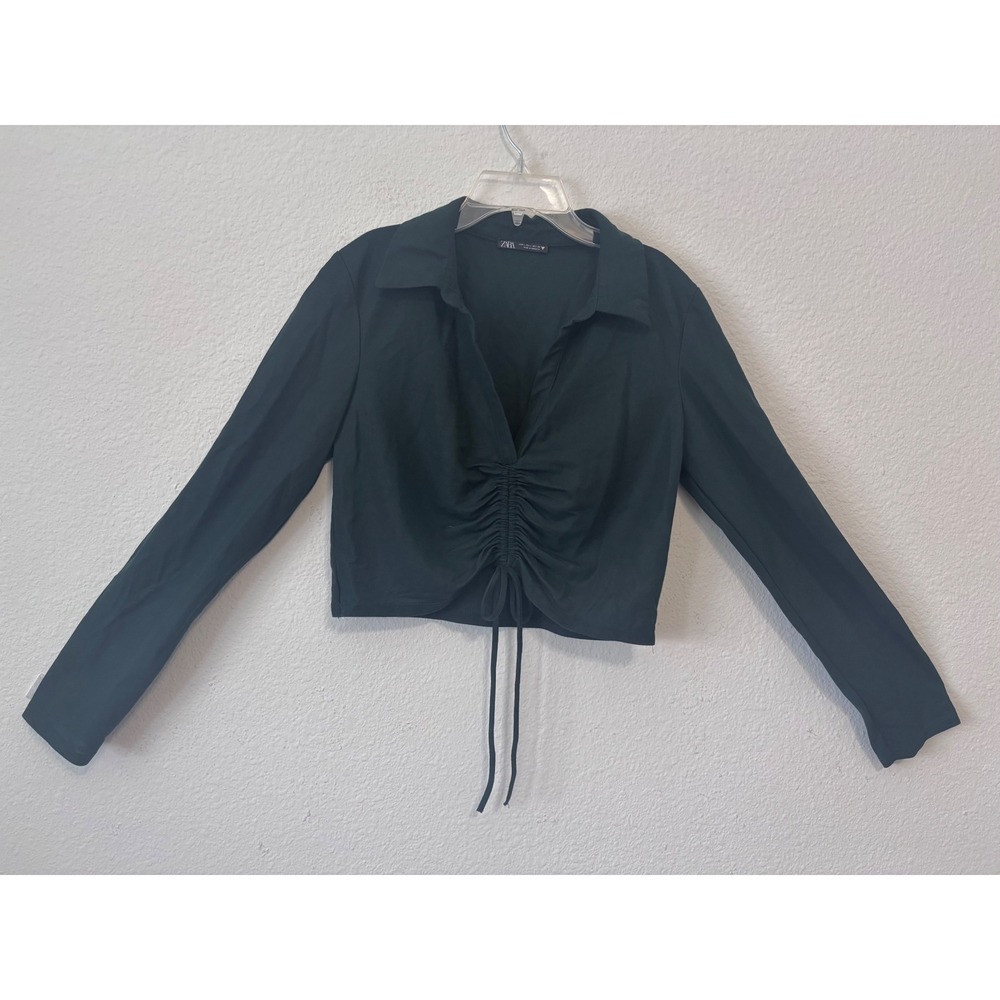 Zara Green Cropped Shirt Long Sleeve‎ Ruched Front Collared Top